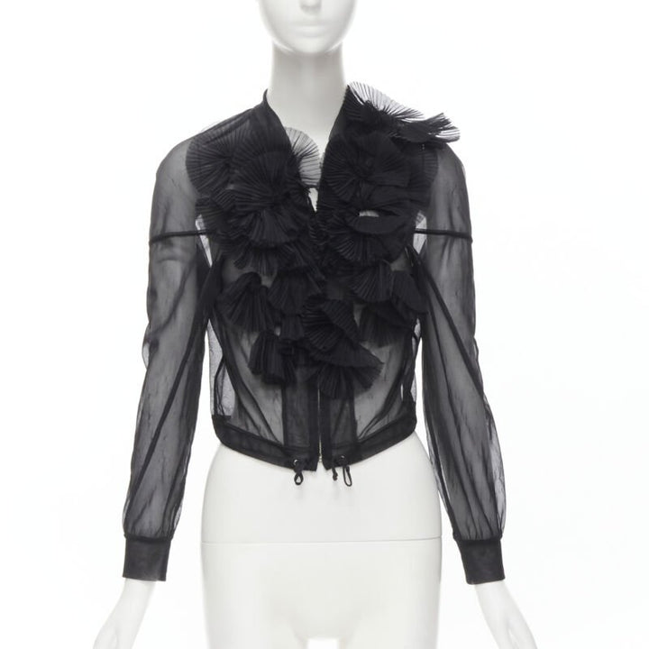 Runway COMME DES GARCONS Vintage 1990 black sheer pleated ruffle bomber jacket S