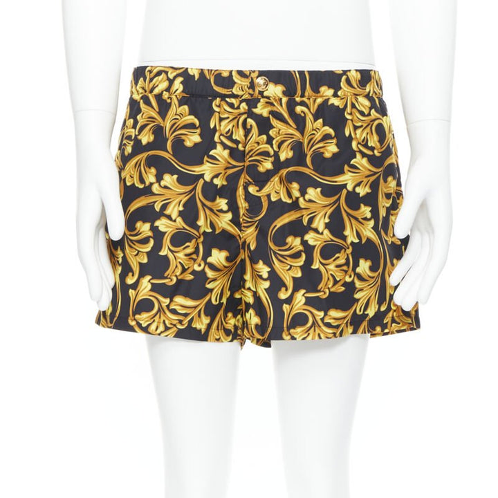 VERSACE gold Medusa button black floral barocco summer swim shorts IT6 L