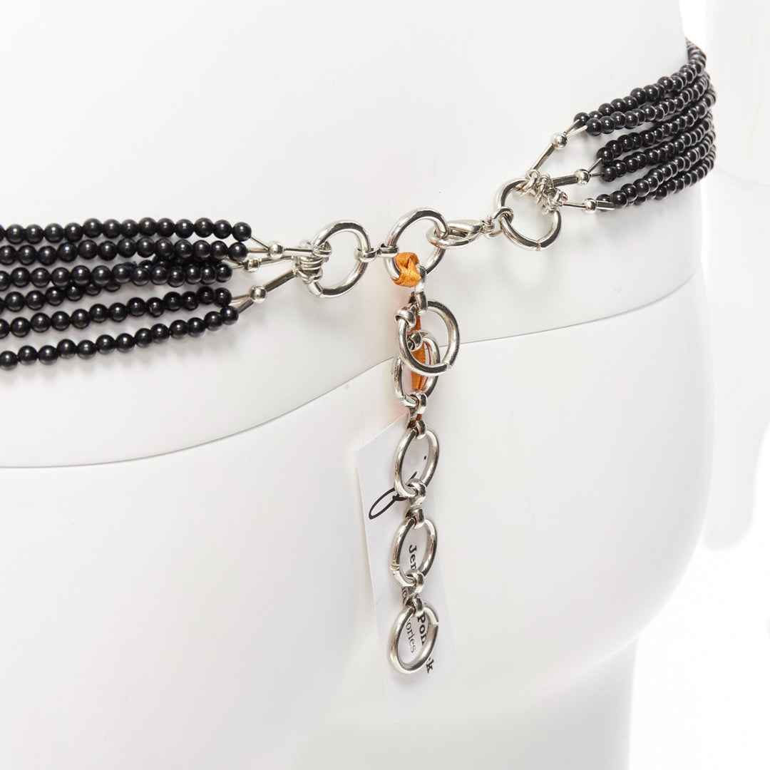 JENNIFER POLLOCK green oriental chinese stamp jade black beads chain belt