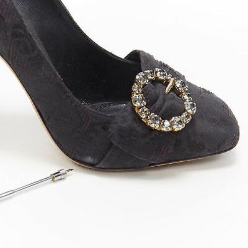 DOLCE GABBANA black brocade strass crystal brooch angular heel pump EU39 US9