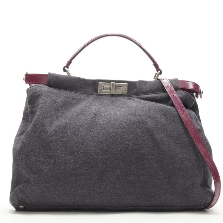 rare FENDI Peekaboo grey wool burgundy textured leather shoulder satchel bag