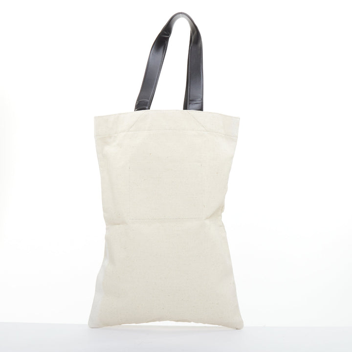 JIL SANDER Logo Print Canvas Long Tote beige canvas black leather trim bag