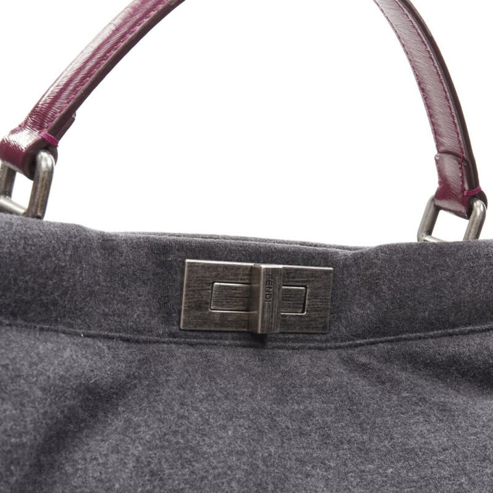 rare FENDI Peekaboo grey wool burgundy textured leather shoulder satchel bag