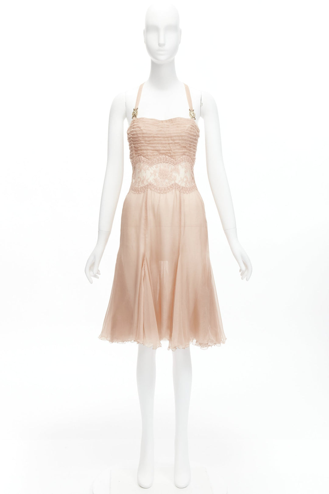 VERSACE 2005 Runway nude gold Medusa buckles sheer lace chiffon dress IT38 XS