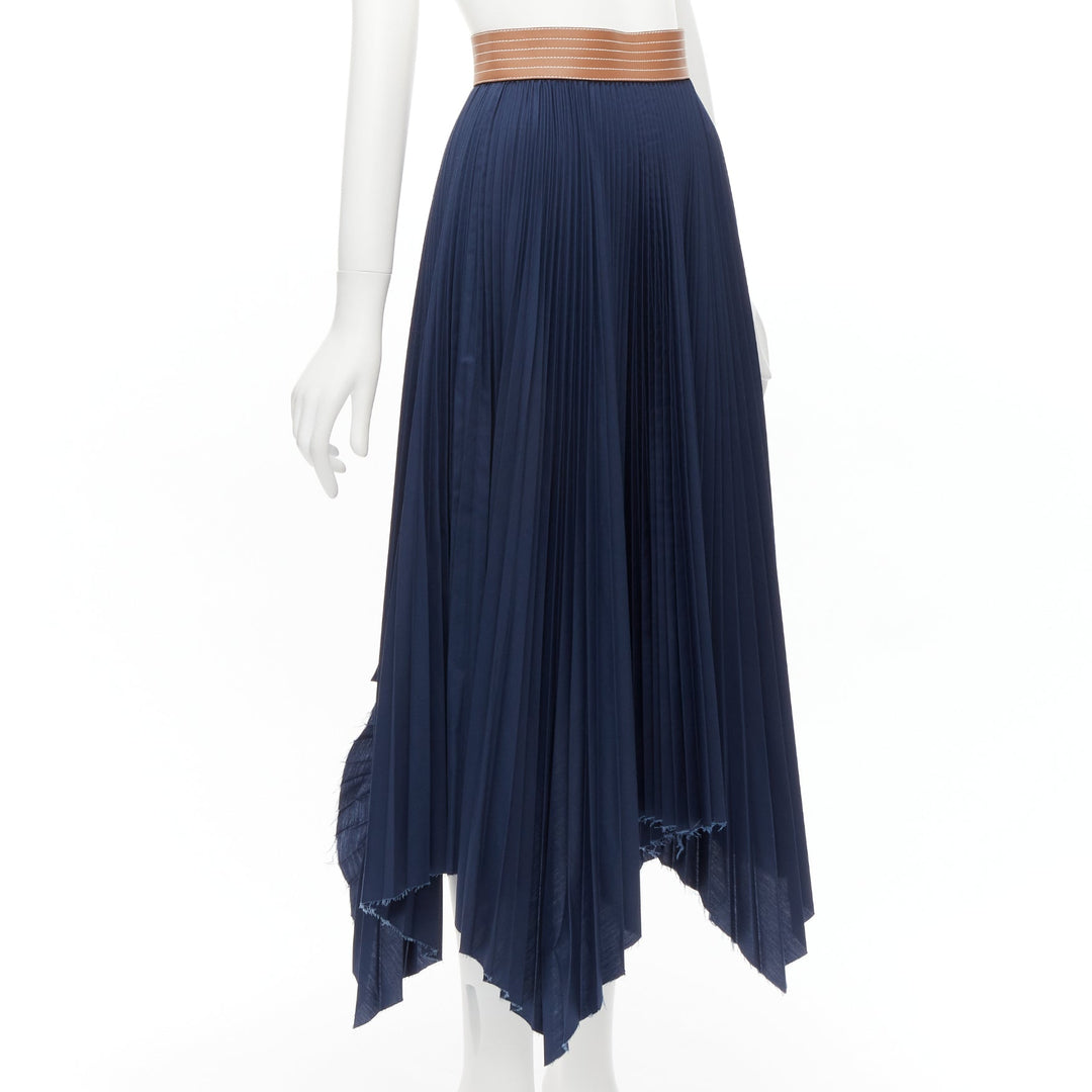 LOEWE brown cowhide leather white topstitched belt navy pleated skirt FR34 XS