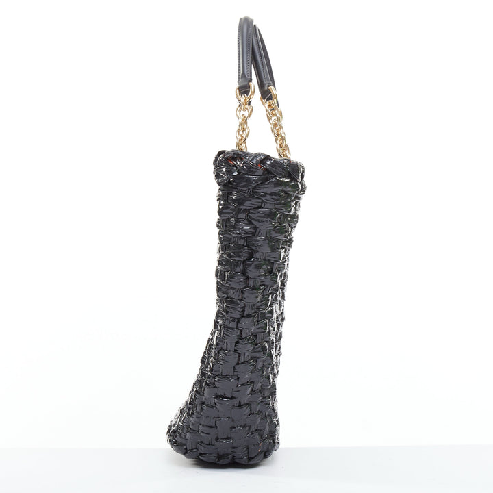 DOLCE GABBANA Vernice Vitello black lacquered raffia woven coffa large tote bag