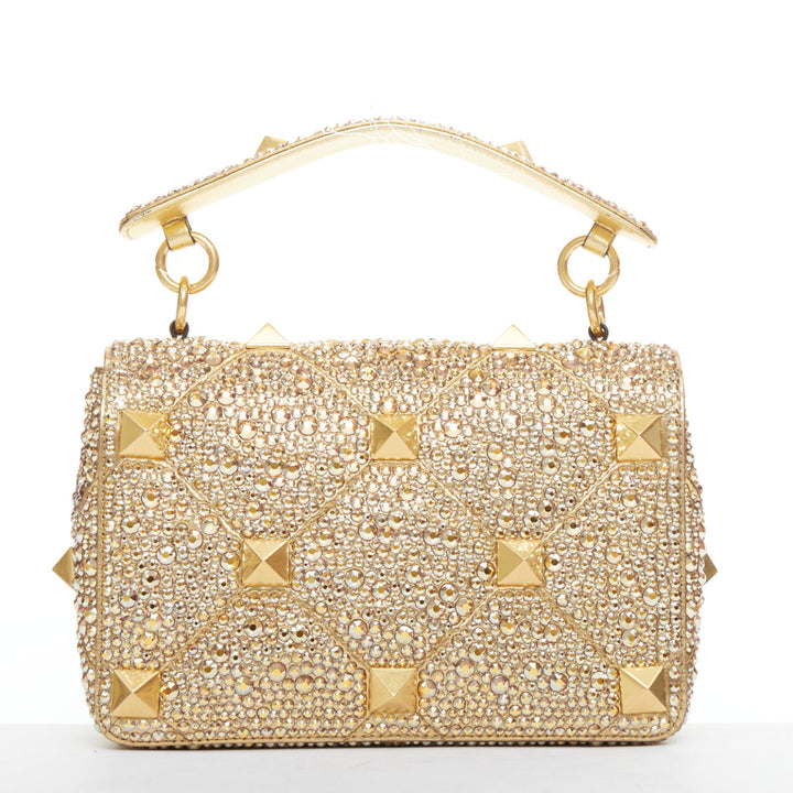 rare VALENTINO Roman Stud Medium gold crystal chain turnlock shoulder bag