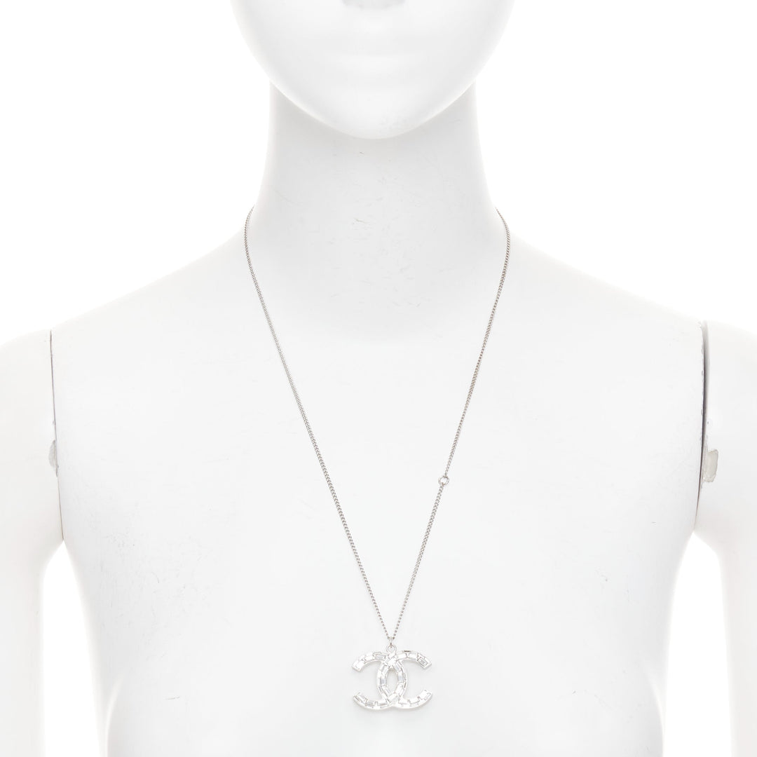 CHANEL 09A silver toned green resin reversible crystal pave CC pendent necklace