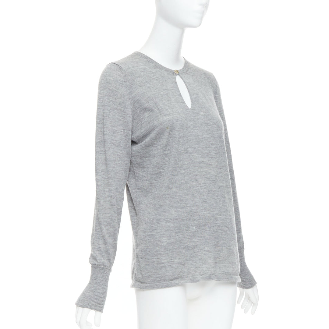 CHANEL 100% cashmere grey Camellia CC button keyhole sweater FR44 XXL