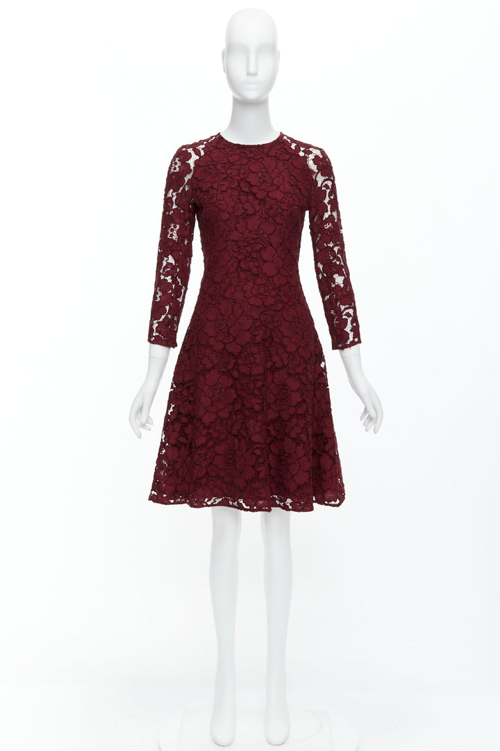 OSCAR DE LA RENTA 2016 burgundy lace sheer sleeves fit flare dressUS0 XS