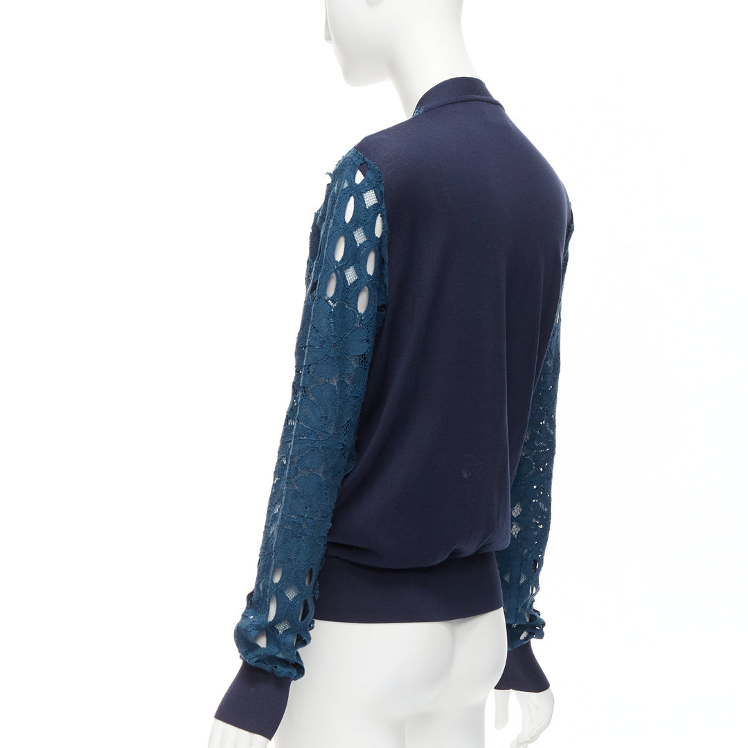 LANVIN 2015 blue silk cotton floral lace sheer long sleeve V neck cardigan S