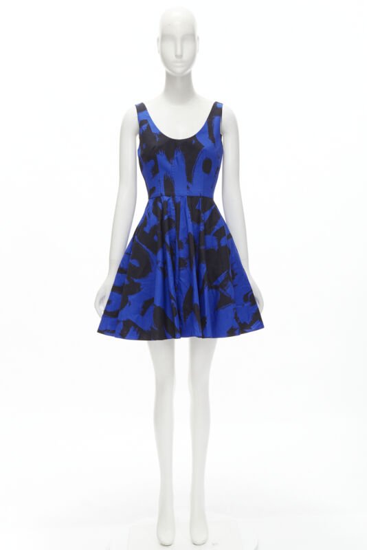 ALEXANDER MCQUEEN 2022 black blue abstract print fit flared scoop dress It38 S