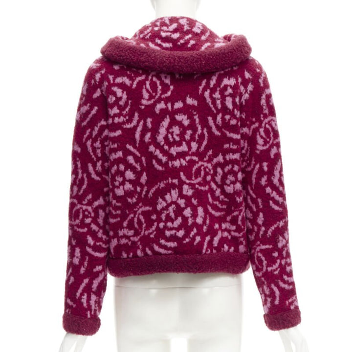 rare CHANEL red pink Camellia CC wool fluffy boucle trim cardigan jacket FR34 XS