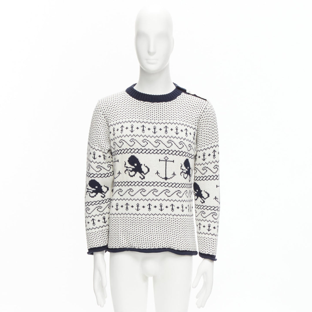 THOM BROWNE off white navy nautical octopus intarsia  ringer sweater SZ.3 L