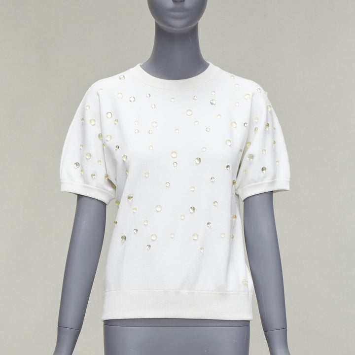 CHANEL 2018 water drop embellished cotton short sleeve pullover sweater FR36