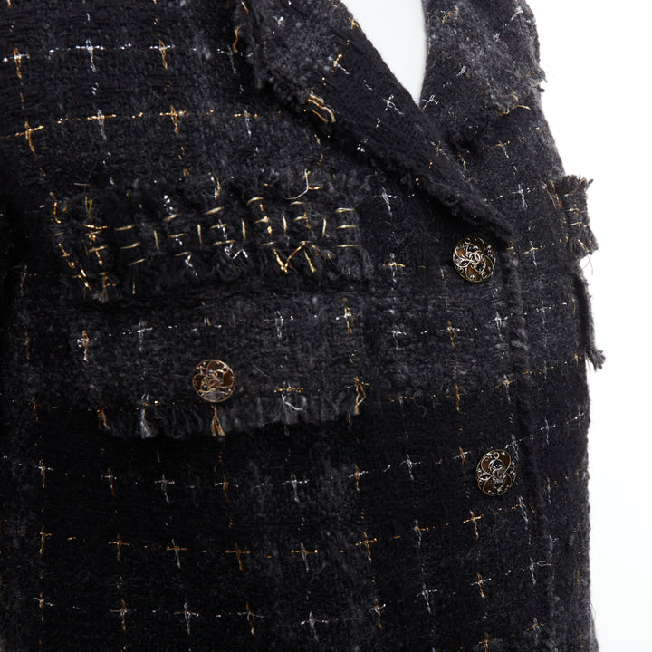 CHANEL 08A Runway Fantasy Tweed black grey silver gold wool jacket FR36 S