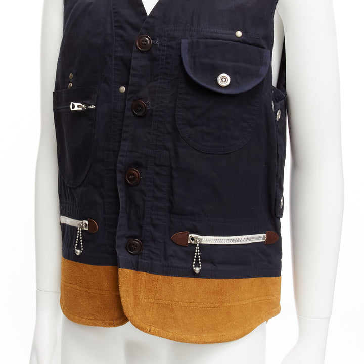 JUNYA WATANABE MAN HERVIER 2013 Reversible navy brown suede fisherman vest M