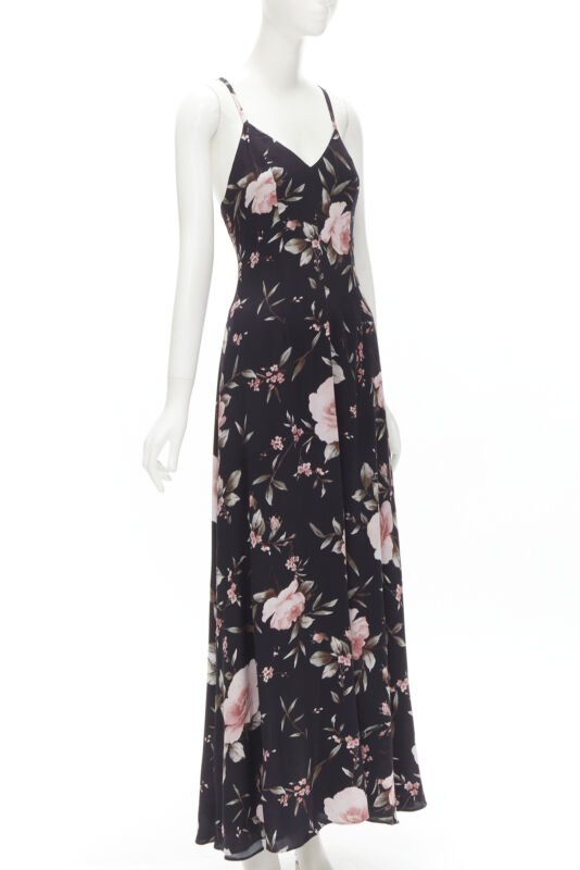 ALICE OLIVIA black pink rose floral print viscose midi slip dress US4 S