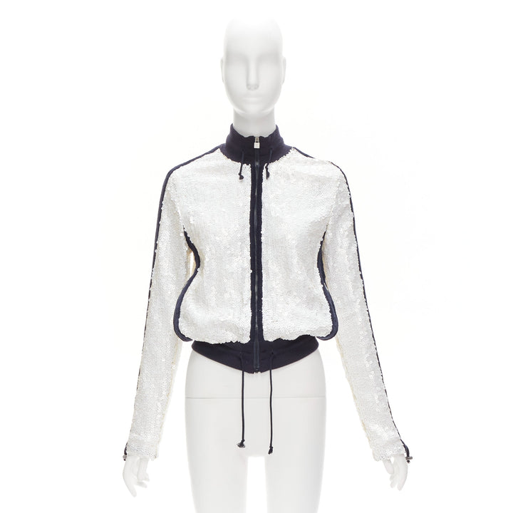 rare CHANEL 08C SPORTS white sequins black trim track jacket FR38 M