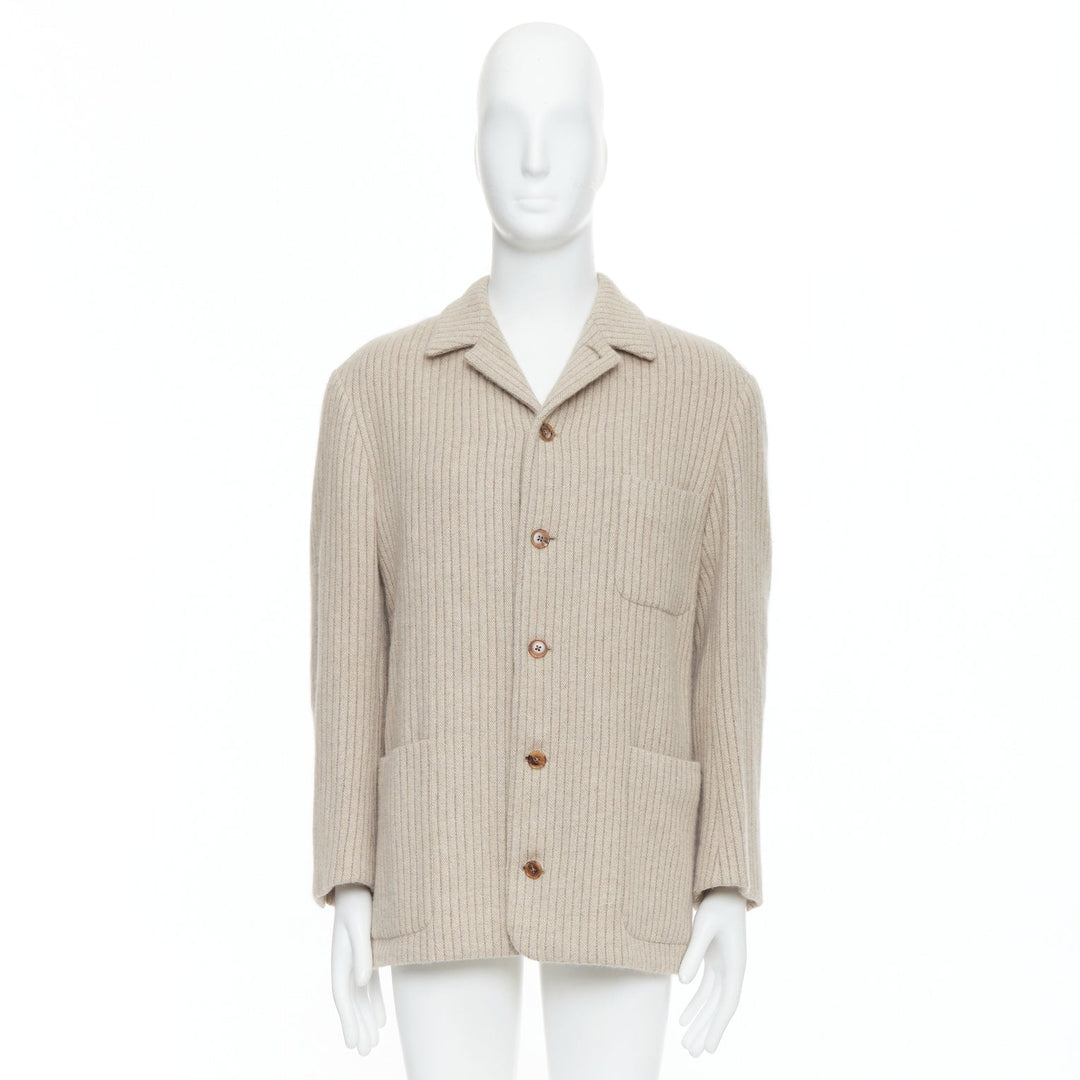 HERMES Angora Wool Cashgora beige verticle stripe knit boxy blazer FR48 M