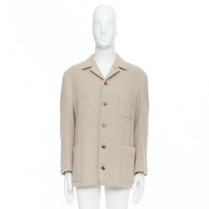 HERMES Angora Wool Cashgora beige verticle stripe knit boxy blazer FR48 M