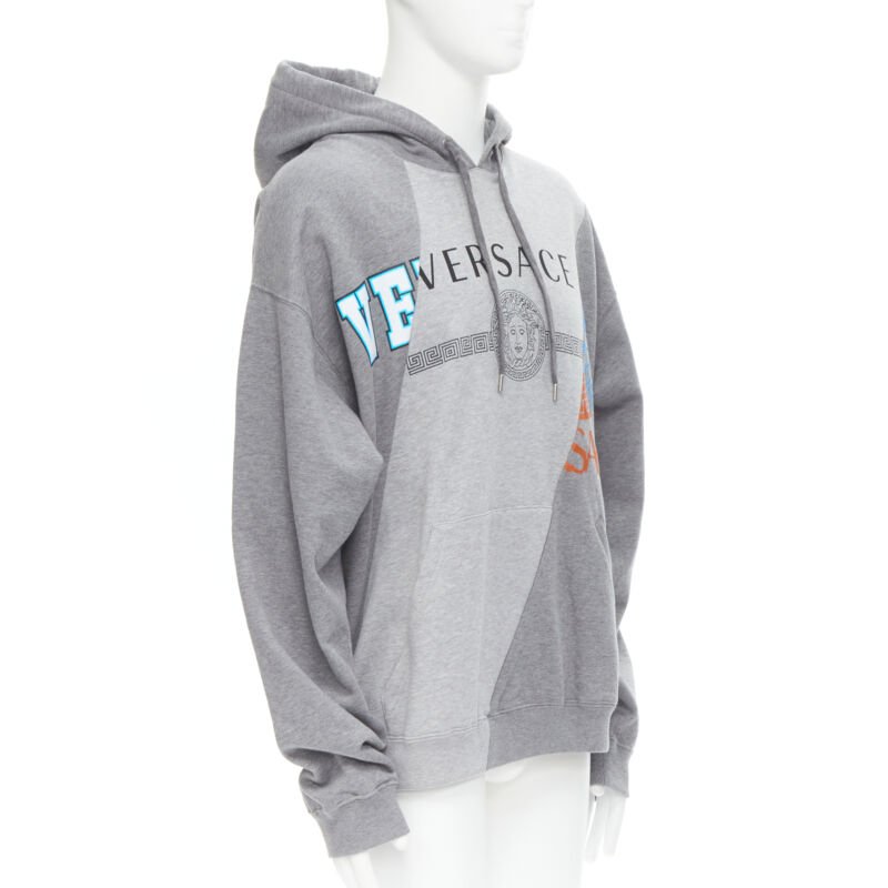 VERSACE Compilation deconstructed mixed logo cotton hoodie grey melange XS