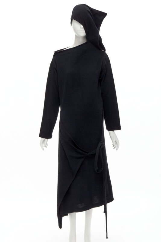 rare COMME DES GARCONS 1980's Vintage black asymmetric neckline hooded dress M