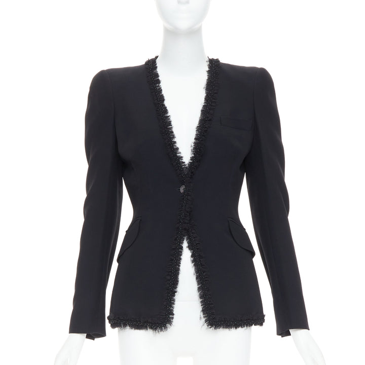 ALEXANDER MCQUEEN 2011 black beaded ruffle collar fitted blazer jacket IT40 S