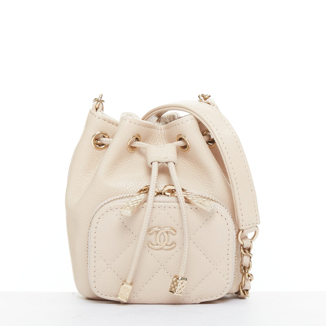 CHANEL nude grain leather quilted CC pocket bucket crossbody chain bag