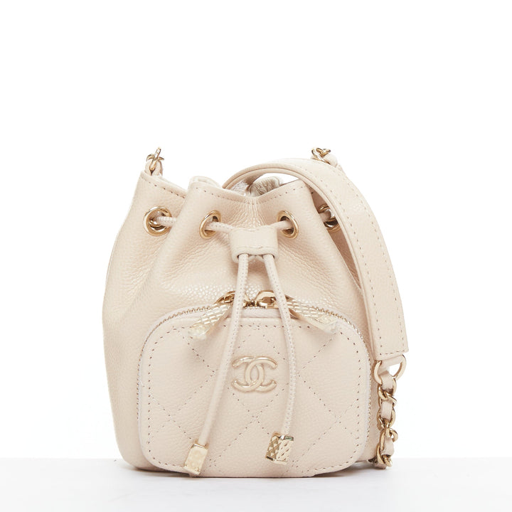 CHANEL nude grain leather quilted CC pocket bucket crossbody chain bag