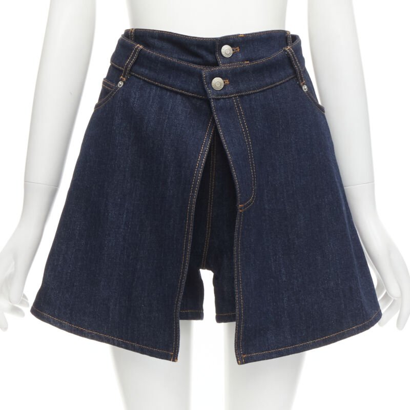 ALEXANDER MCQUEEN blue denim double waistband logo patch layered shorts 24"