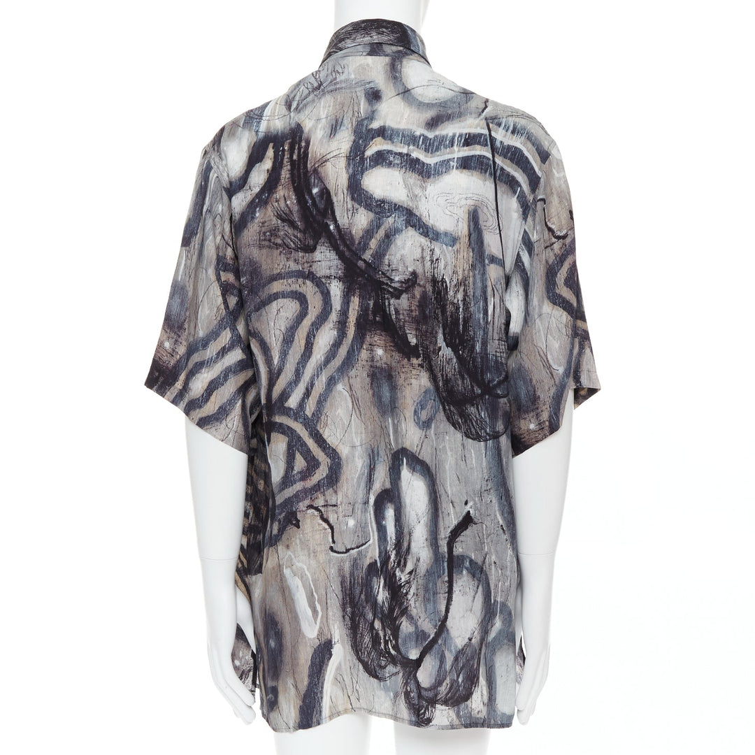 YOHJI YAMAMOTO 100% silk grey beige abstract print relaxed shirt JP2 M