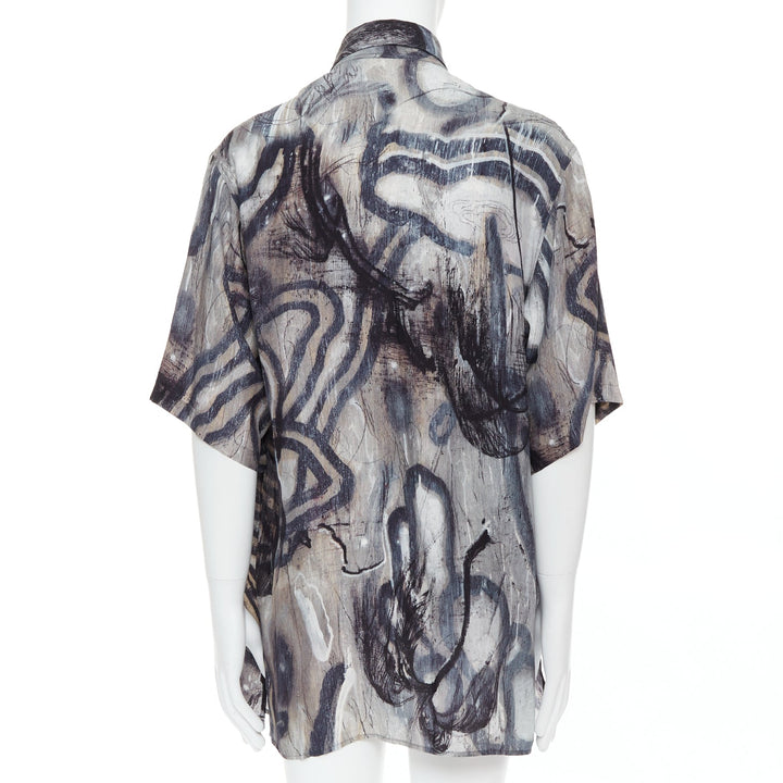 YOHJI YAMAMOTO 100% silk grey beige abstract print relaxed shirt JP2 M