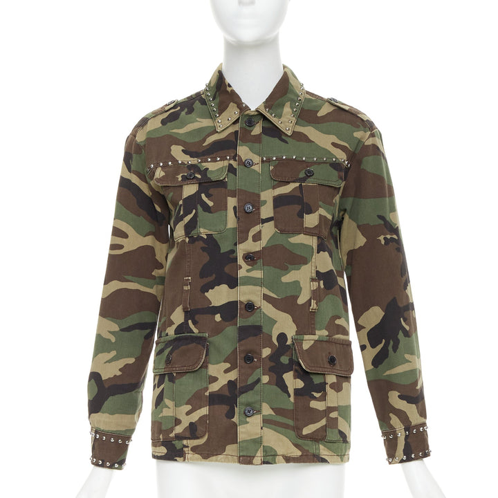 SAINT LAURENT 2015 green khaki camo print cotton studded army jacket XS