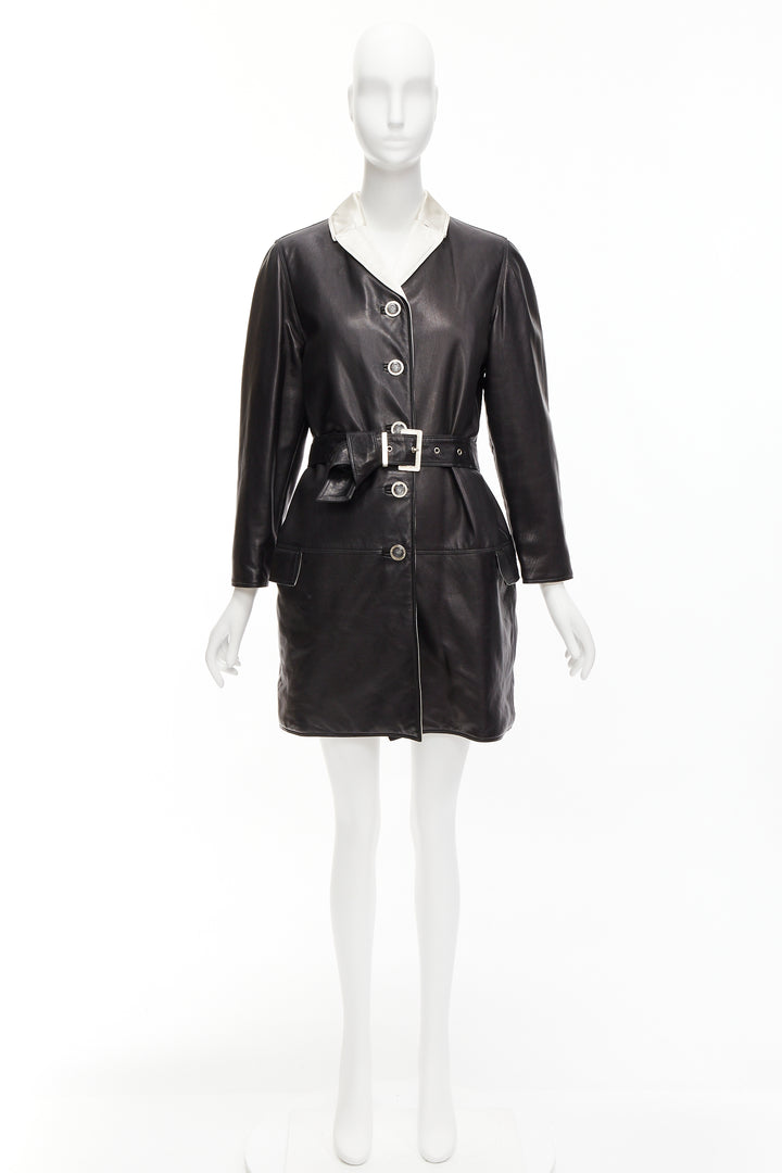 GIANNI VERSACE Vintage black leather white silk medusa button belted coat