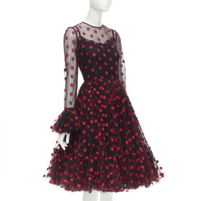 DOLCE GABBANA black red polka dot embroidered tulle flared dress IT40 S
