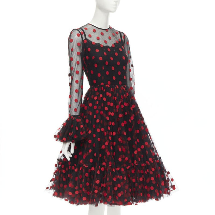 DOLCE GABBANA black red polka dot embroidered tulle flared dress IT40 S