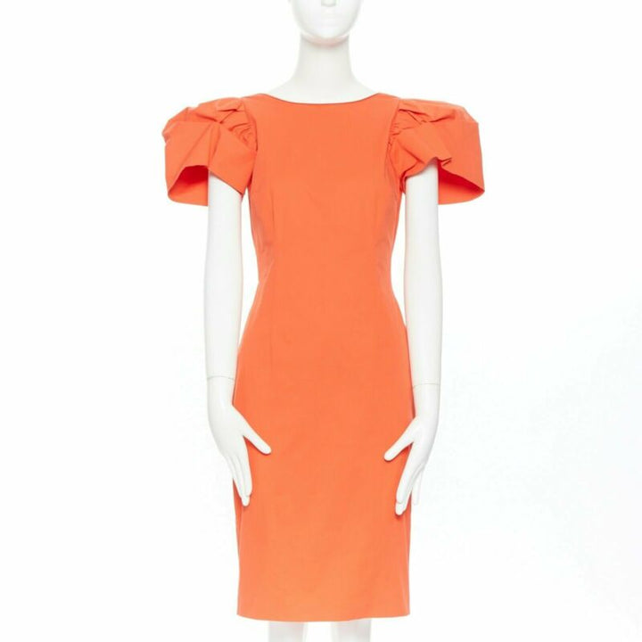 DSQUARED2 red orange ruche drape dart puff sleeve big shoulders dress IT44 L