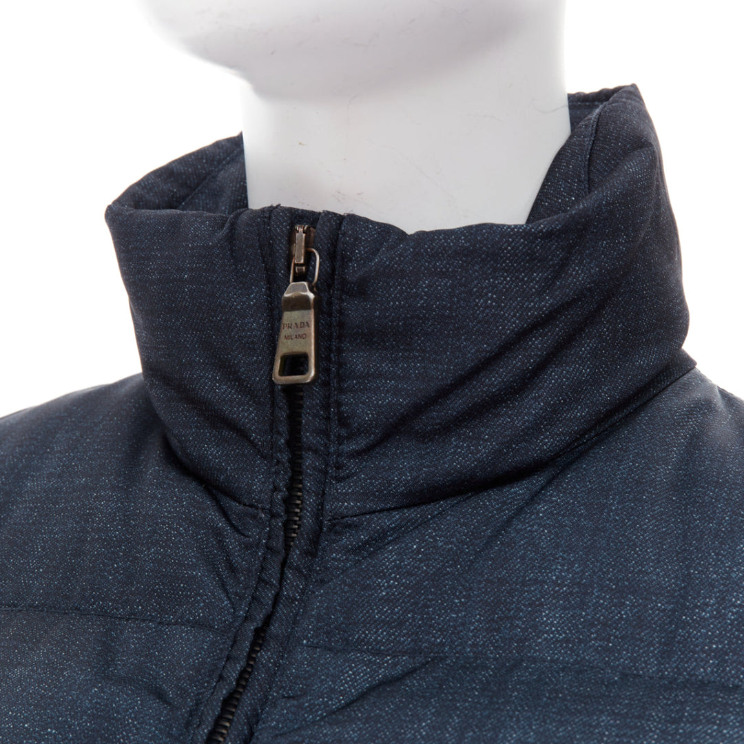 PRADA 2011 navy denim fabric print triangle logo cropped puffer jacket IT38 XS