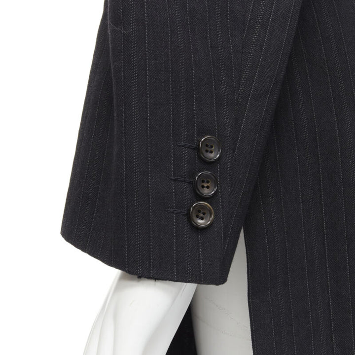 COMME DES GARCONS 1994 dark grey pinstripe frayed cut collar boxy coat M