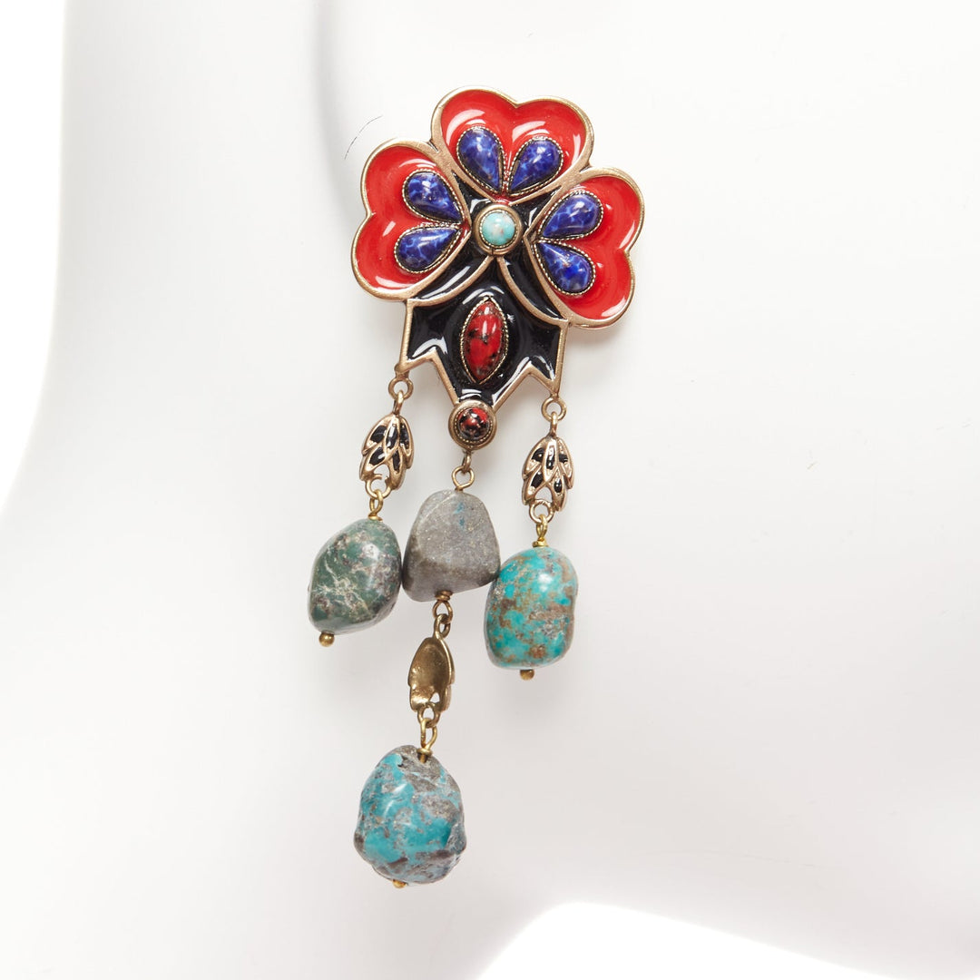 ETRO red blue enamel flower drop stone gold drop clip on earrings pair
