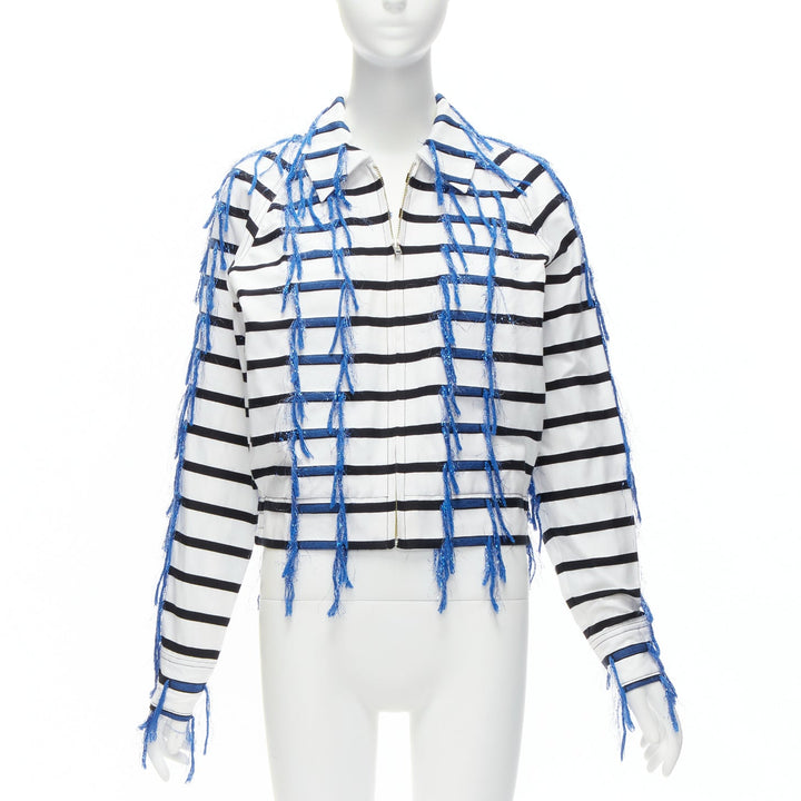 ANAIS JOURDEN blue white black striped tassel trim raglan cropped jacket FR36 S