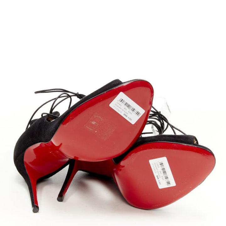 CHRISTIAN LOUBOUTIN Megavamp 120 black suede laced ankle peep heel EU37.5
