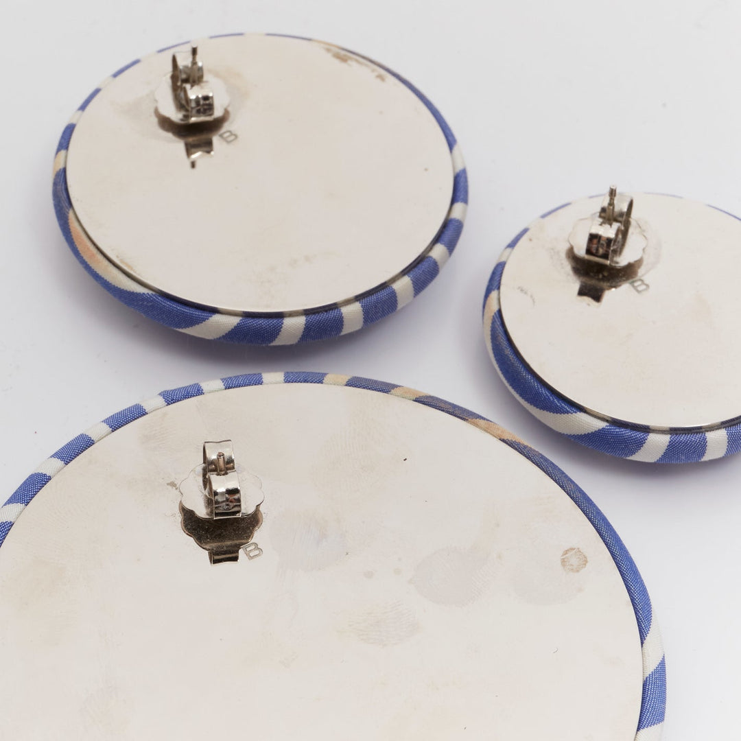 BALENCIAGA blue stripes fabric round badges studs earrings Set 3