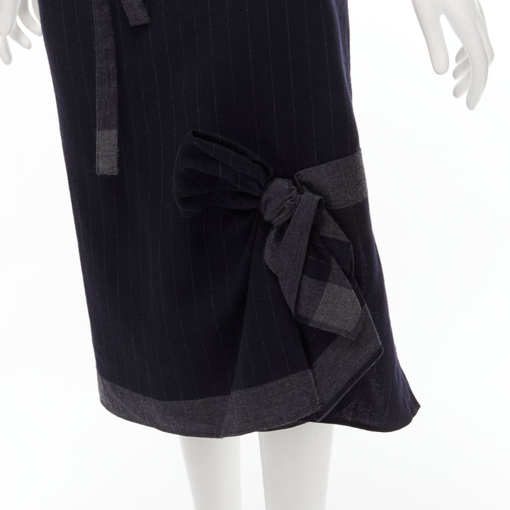 COMME DES GARCONS 2003 100% wool black pinstripe plaid bow wrap kilt skirt