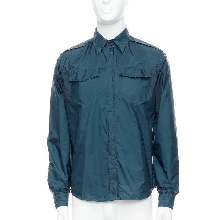PRADA 2018 dark teal blue nylon concealed silver zip over shirt S
