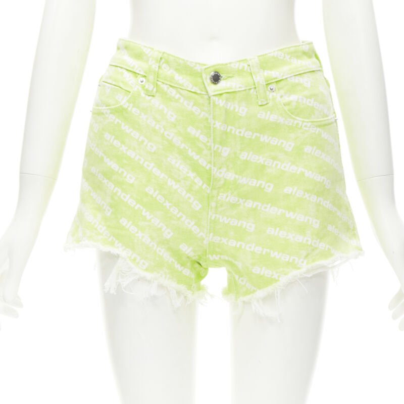 ALEXANDER WANG Bite High Rise green logo print cut off denim shorts 24"
