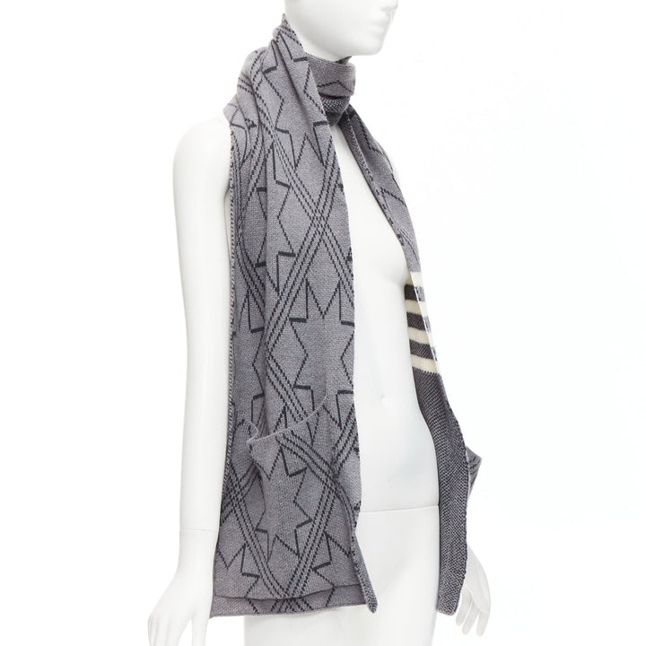 THOM BROWNE grey black graphic star 4 bar stripes pocketed long scarf
