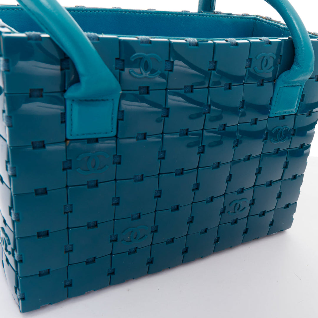 rare CHANEL Puzzle blue plastic CC chip leather stitch tote bag