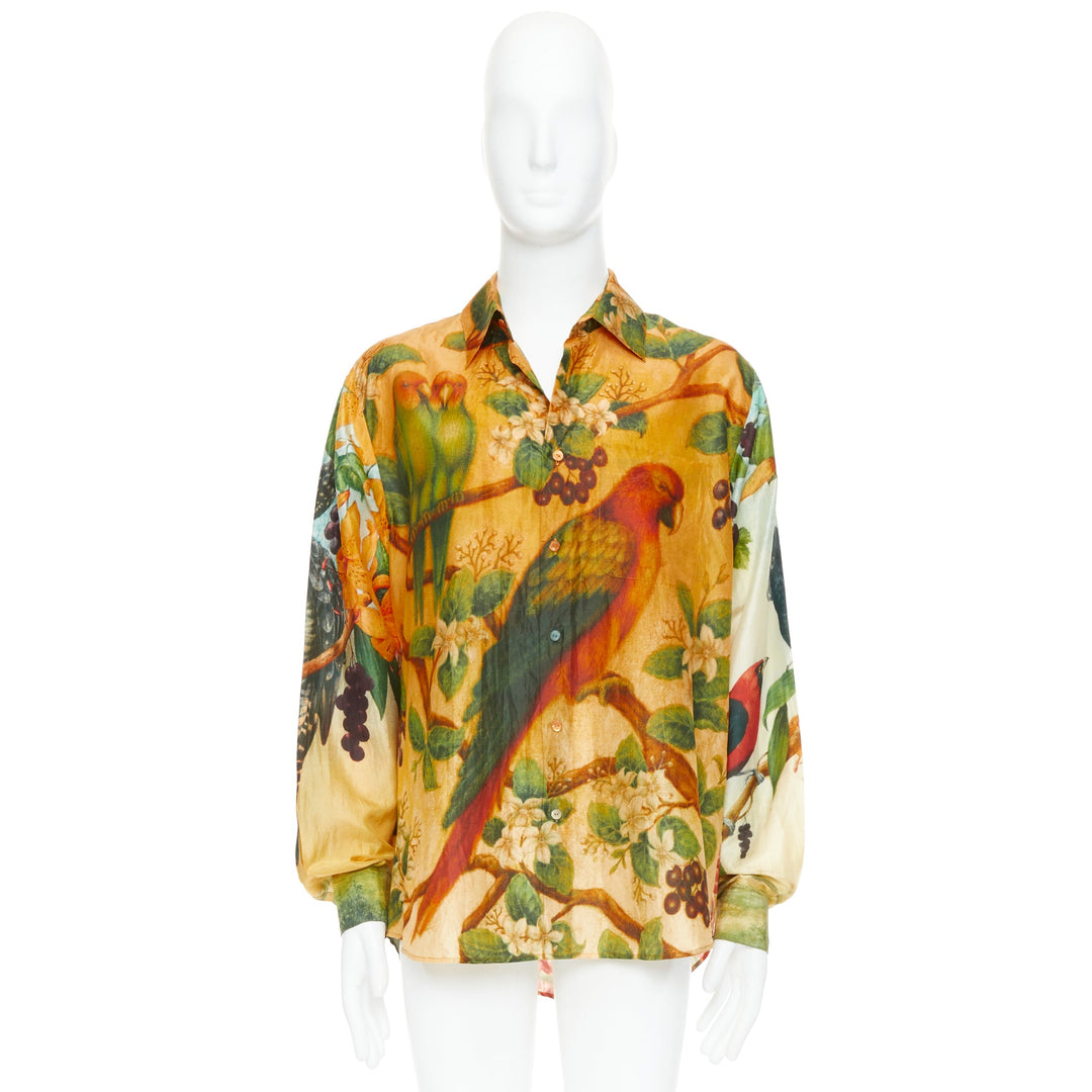 rare SABYASACHI 100% silk parrot bat mixed animal floral print shirt EU42 XL